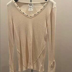 Natural Life Beige Textured Blouse with Lace Cuffs